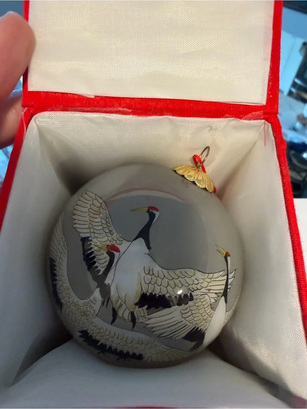Handpainted Glass Ball, Gray Dancing Cranes, Christmas ornament w/box